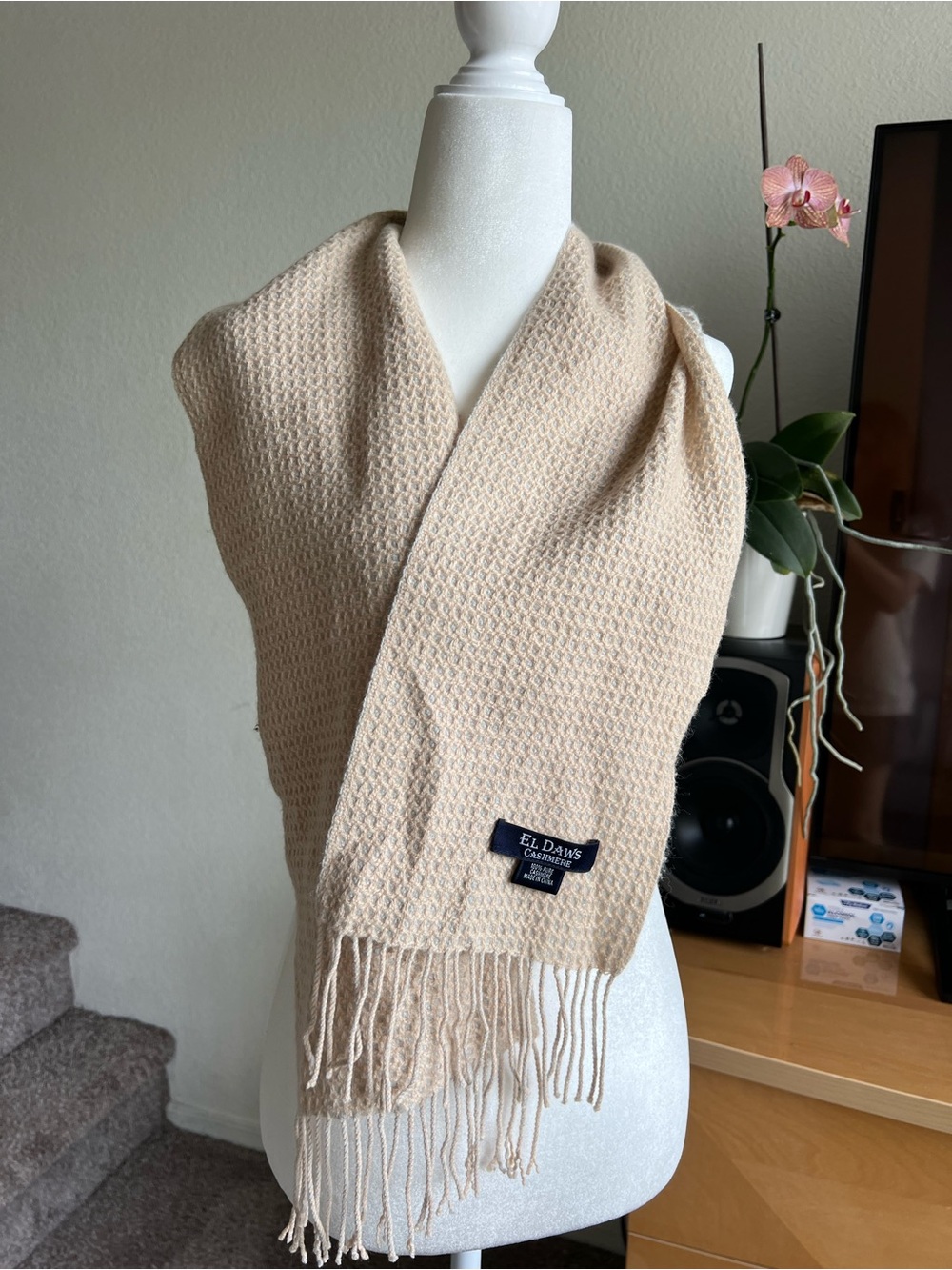 El Daws 100% Pure Cashmere Beige Knit Fringe Rectangle Scarf, Solid, Women’s